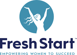 Logo with a silhouette of a woman raising her arms inside a blue circle above the text "Fresh Start" and the tagline "Empowering Women to Succeed.
