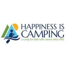 Logo of "Happiness is Camping," a camp for kids with cancer since 1982, with a graphic of a camper paddling a canoe against a backdrop of a sun and mountains.