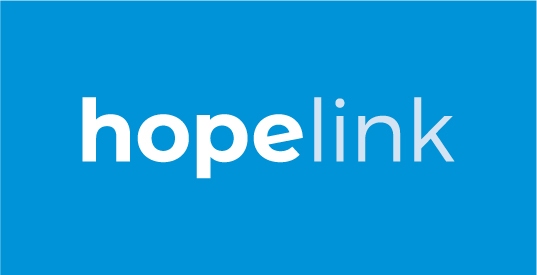 Logo with the word "hopelink" in white lowercase letters on a blue background. The text "hope" is bold, while "link" is in a lighter font.