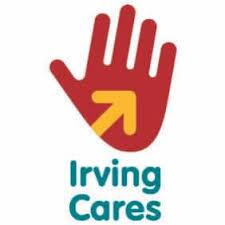 Logo featuring a red hand with a yellow arrow pointing up and to the right, above the text "Irving Cares.