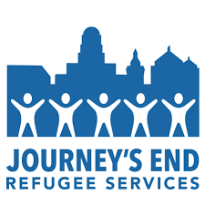 Blue logo depicting a cityscape and six stylized human figures with raised arms, accompanied by the text "Journey's End Refugee Services.