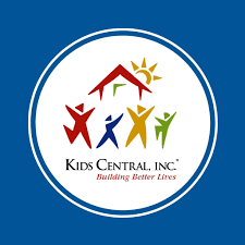 Logo of Kids Central Inc., featuring colorful, abstract human figures forming a house shape with a sun, and the tagline "Building Better Lives" on a blue background.