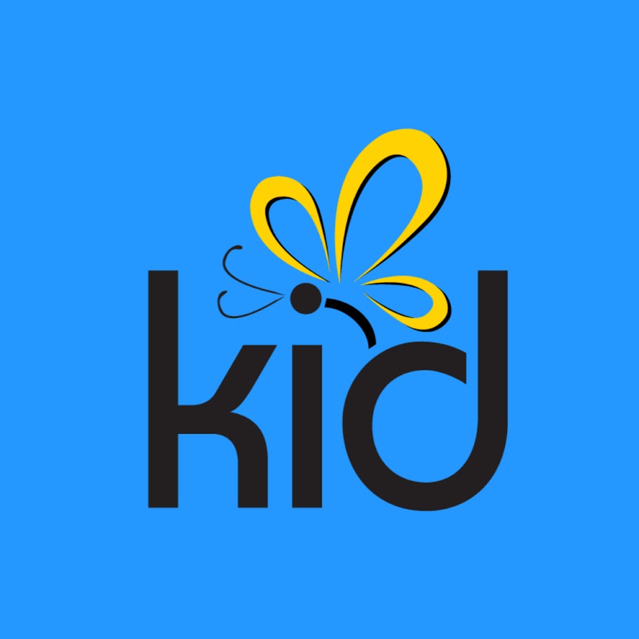 The word "kid" in bold black letters with a yellow and black butterfly design above the "i" on a blue background.