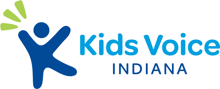 Logo of Kids Voice Indiana featuring a blue abstract human figure with raised hands and green rays above, with the text "Kids Voice Indiana" in blue on the right.