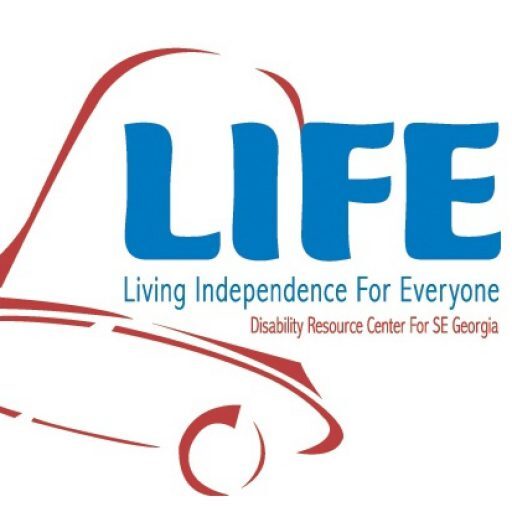 Logo of LIFE (Living Independence For Everyone), a Disability Resource Center for Southeast Georgia, featuring stylized text and a partial image of a wheelchair.