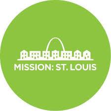 Green circle with white illustrations of houses and the Gateway Arch, and the text "MISSION: ST. LOUIS" beneath.