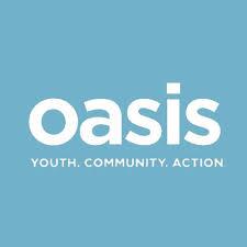 The image displays the word "oasis" in bold white lowercase letters on a blue background with the text "YOUTH. COMMUNITY. ACTION" below it in smaller white uppercase letters.