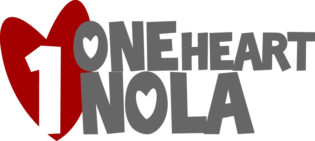 Logo with a red heart behind bold grey text that reads "ONE HEART NOLA" with the letter "O" in "ONE" forming the number "1".