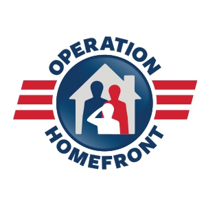 Logo for Operation Homefront featuring a silhouetted family inside a house with red stripes and text reading "Operation Homefront" encircling the graphic.