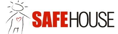 Logo with the word "SAFEHOUSE" in bold letters. The word "SAFE" is in red and "HOUSE" is in black. A simple line drawing of a person with a heart is placed before the text.