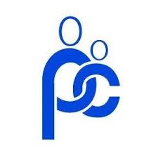 Blue stylized logo showing two abstract human figures, one larger and the other smaller, resembling the letters "p" and "c" intertwined.