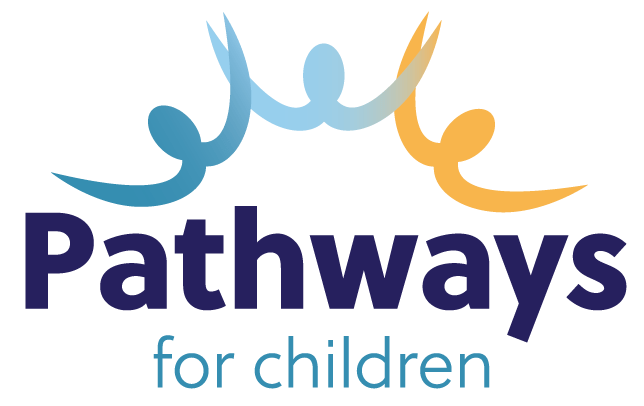 Logo featuring three abstract, colorful figures reaching up with text below that reads "Pathways for Children.