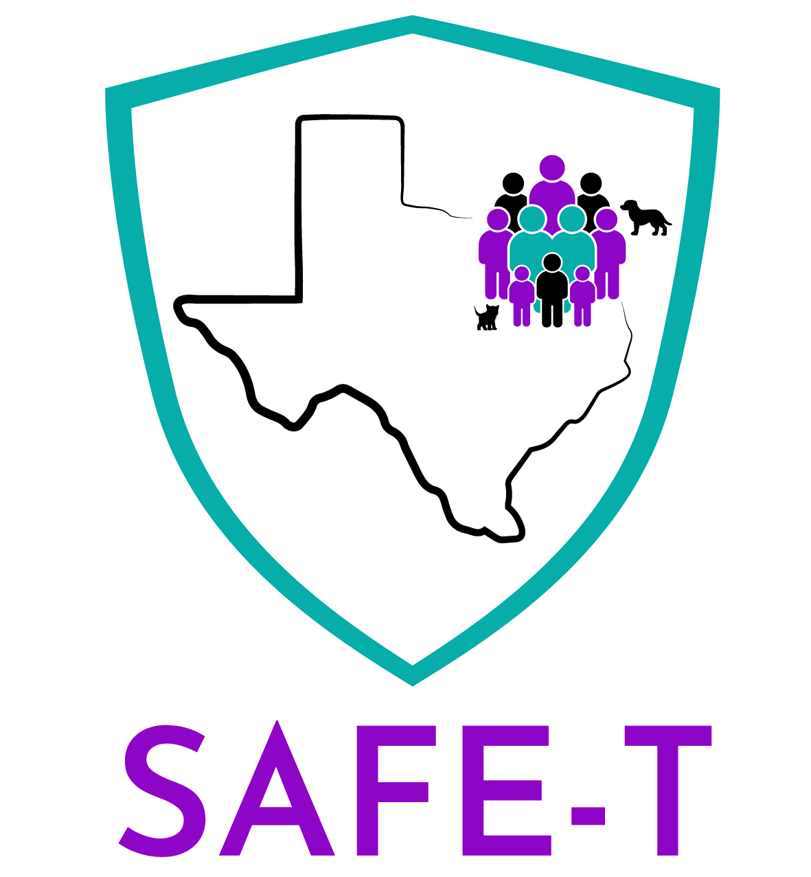 Logo of SAFE-T featuring a teal shield with a group of purple and teal stylized people inside. The word "SAFE-T" is written in purple underneath the shield.
