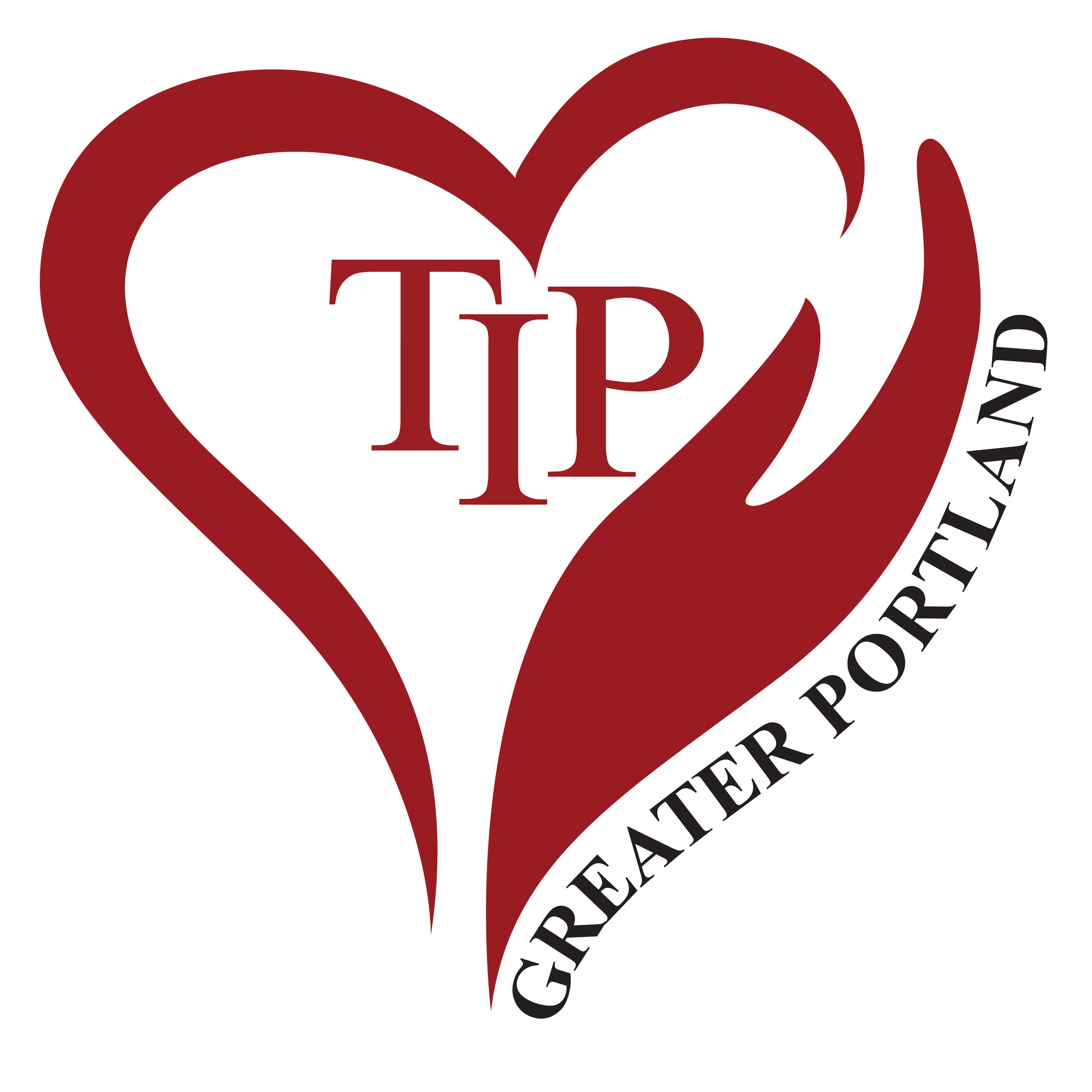 A red heart with the text "TIP" inside and "Greater Portland" on the side, featuring a stylized hand design.