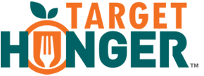 Logo for "Target Hunger," featuring the text with an orange and green color scheme and an image of an orange with a fork inside representing the letter "U" in "Hunger.
