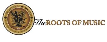 Logo for "The Roots of Music" featuring a circular emblem with a stylized tree and musical notes, accompanied by the text "The Roots of Music" in gold and black.