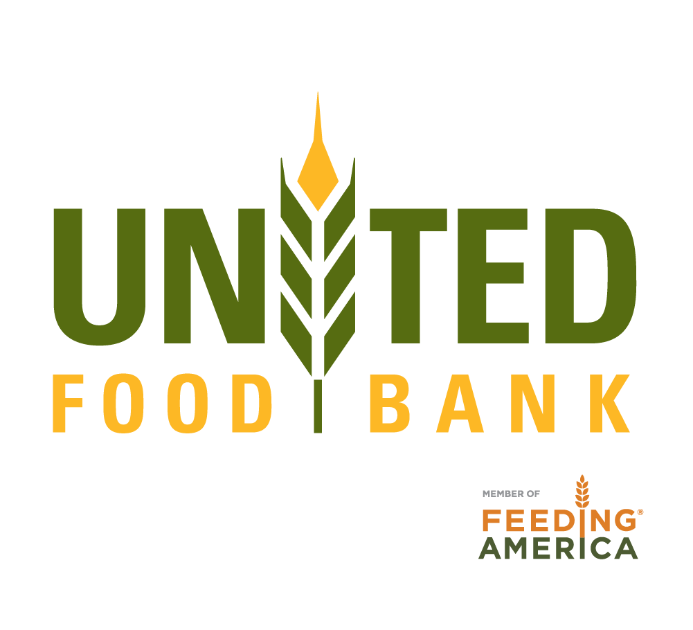 Logo of United Food Bank, displaying the words "UNITED FOOD BANK" with a wheat symbol integrated between the letters. Below, it is labeled as a member of Feeding America.