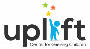 Uplift logo featuring the word "uplift" with a small figure reaching for three stars above. Text below reads "Center for Grieving Children".