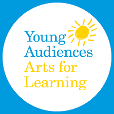 Logo of Young Audiences Arts for Learning, featuring a yellow sun and text in blue and yellow on a white background, encircled by a blue border.