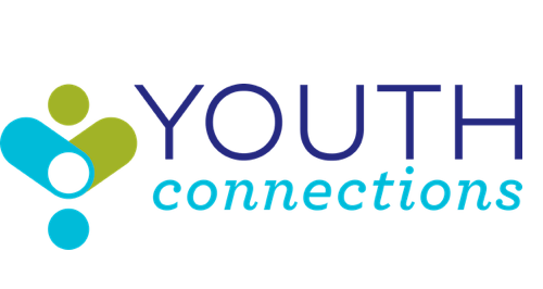 A logo featuring the text "Youth Connections" with abstract shapes in green and blue.