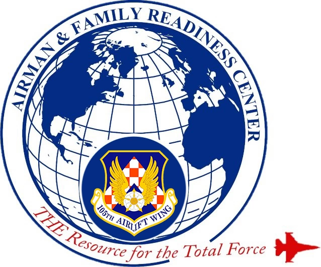 Logo of the Airman & Family Readiness Center, featuring a globe, the 105th Airlift Wing insignia, and the text "THE Resource for the Total Force" with a red aircraft silhouette.