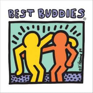 Illustration of two human figures, one yellow and one orange, with arms around each other under the text "Best Buddies" in a stylized, colorful design. "K. Haring '89" is written on the image.