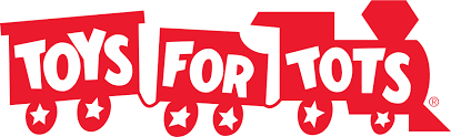 Logo of "Toys for Tots" featuring red train cars with white text and star designs.