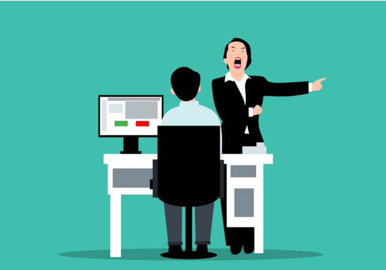 A person sits at a desk with a computer while another person, standing and pointing away, appears to be angrily instructing or dismissing them.