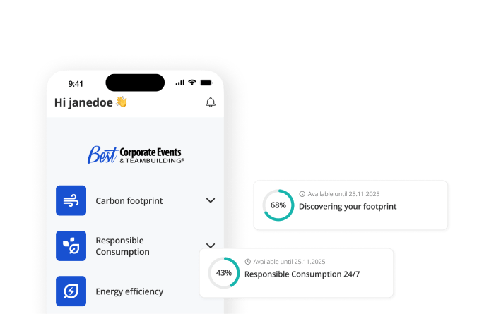 A mobile app screen shows a user dashboard with sections for carbon footprint, responsible consumption, and energy efficiency, featuring progress bars at 68% and 43%.