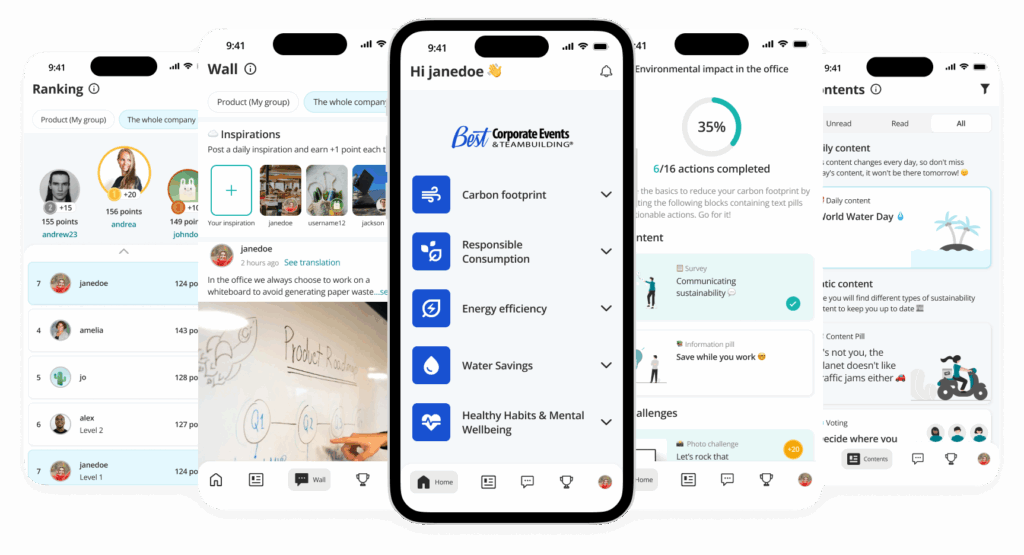 Five mobile app screens display user profiles, sustainability rankings, personal progress, and actions related to carbon footprint, energy efficiency, and wellbeing.