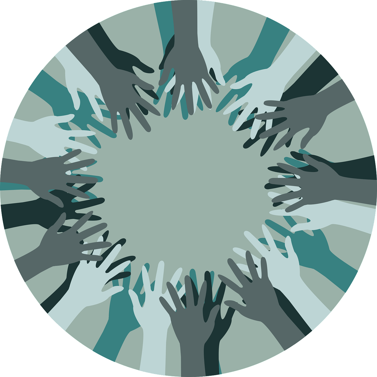 Illustration of multiple hands of varying skin tones reaching toward the center of a circle, symbolizing diversity, unity, and collaboration.