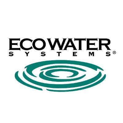 The EcoWater Systems logo features bold black text above a stylized green water ripple graphic on a white background.