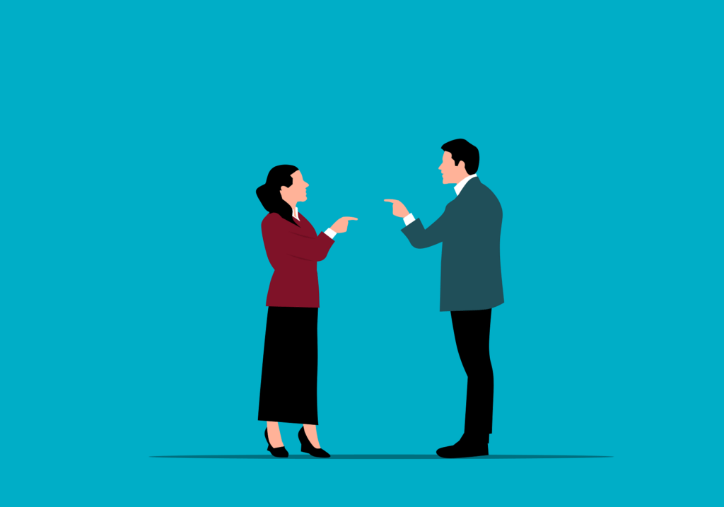 Illustration of a woman and a man standing and pointing at each other, appearing to have a disagreement, with a plain blue background—depicting how to deal with difficult people at work.