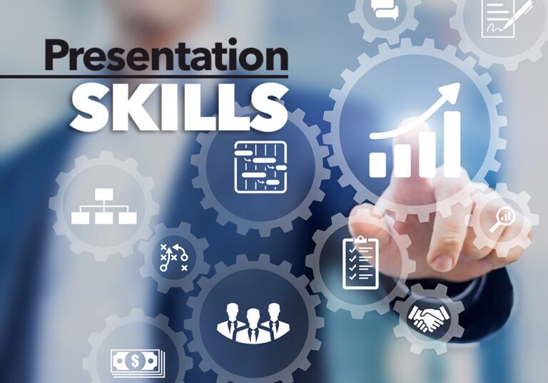 A person in business attire points at virtual icons representing presentation skills, including graphs, charts, a checklist, and team collaboration.