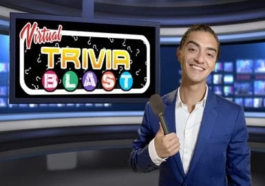 A man in a blue suit holding a microphone.