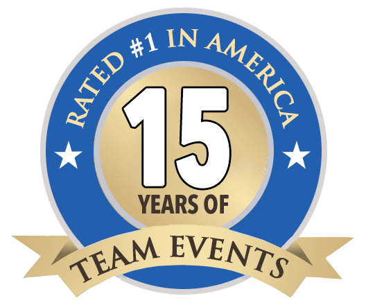 Circular badge with the text "Rated #1 in America, 15 Years of Team Events," featuring stars and a gold banner.