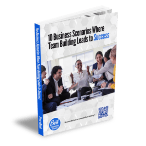 Book titled "10 Business Scenarios Where Team Building Leads to Success" featuring a group of professionals in a meeting, expressing excitement and engagement.