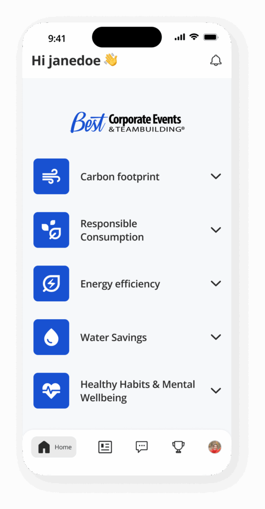 A mobile app screen displaying five sustainability topics: Carbon footprint, Responsible Consumption, Energy Efficiency, Water Savings, and Healthy Habits & Mental Wellbeing.