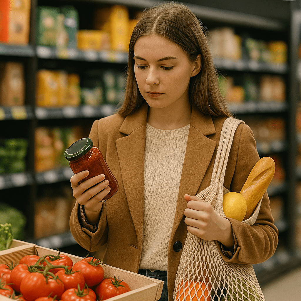 A woman in a brown coat holds a jar while shopping for groceries, standing by a display of tomatoes with a net bag containing a baguette and a lemon.