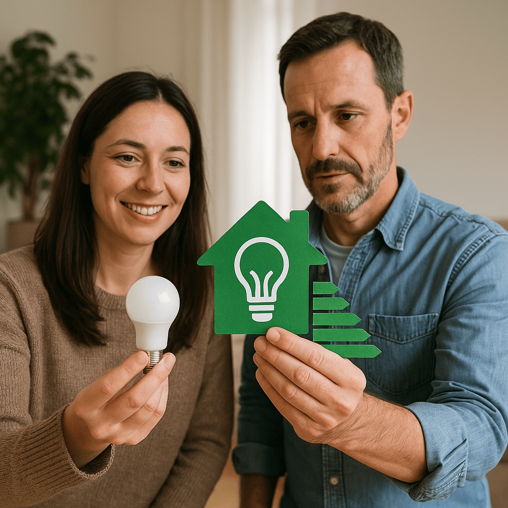 A woman holds a light bulb while a man holds a green house-shaped cutout with an energy efficiency symbol. Both are seated indoors and looking at the objects.