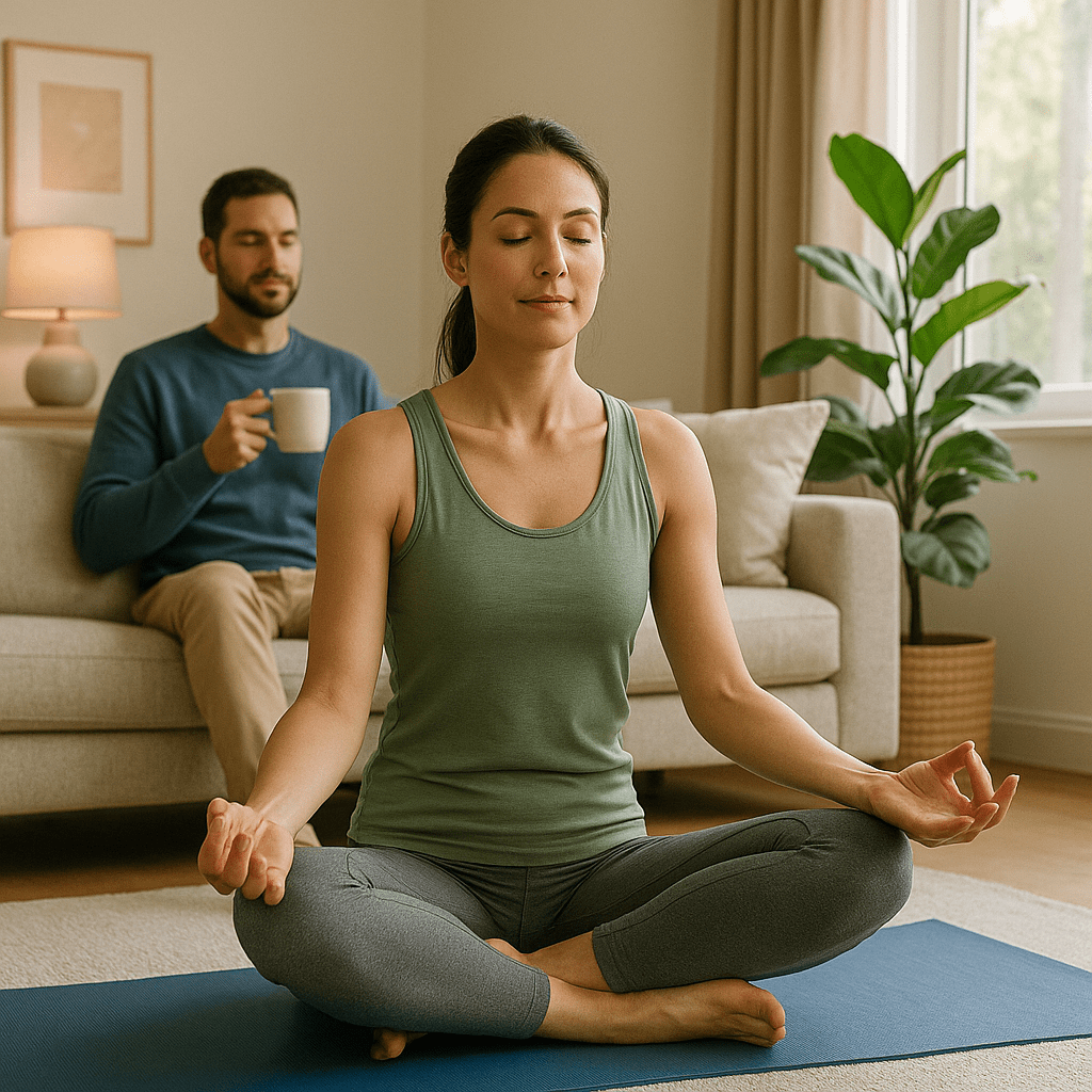 A woman sits cross-legged meditating on a yoga mat, while a man sits on a sofa in the background holding a mug.