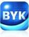 A blue button with the word byk on it.