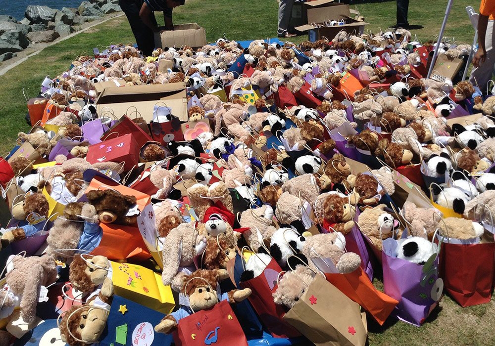 Teddy bears on the grass.