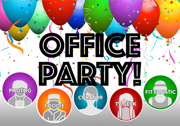 An image of an office party with balloons and people.