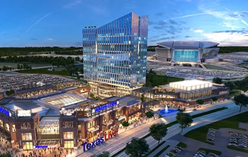 An artist's rendering of a shopping mall at dusk.