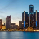The dubai skyline at dusk.
