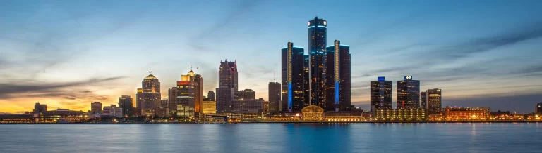 The dubai skyline at dusk.
