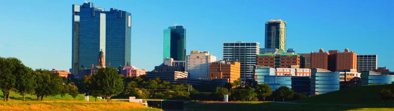 A city skyline with tall buildings and grass.