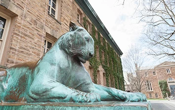 A statue of a tiger in front of a building.