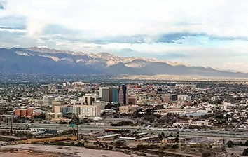 An aerial view of the city of Santa Fe, New Mexico, showcasing its exquisite architecture and vibrant culture.